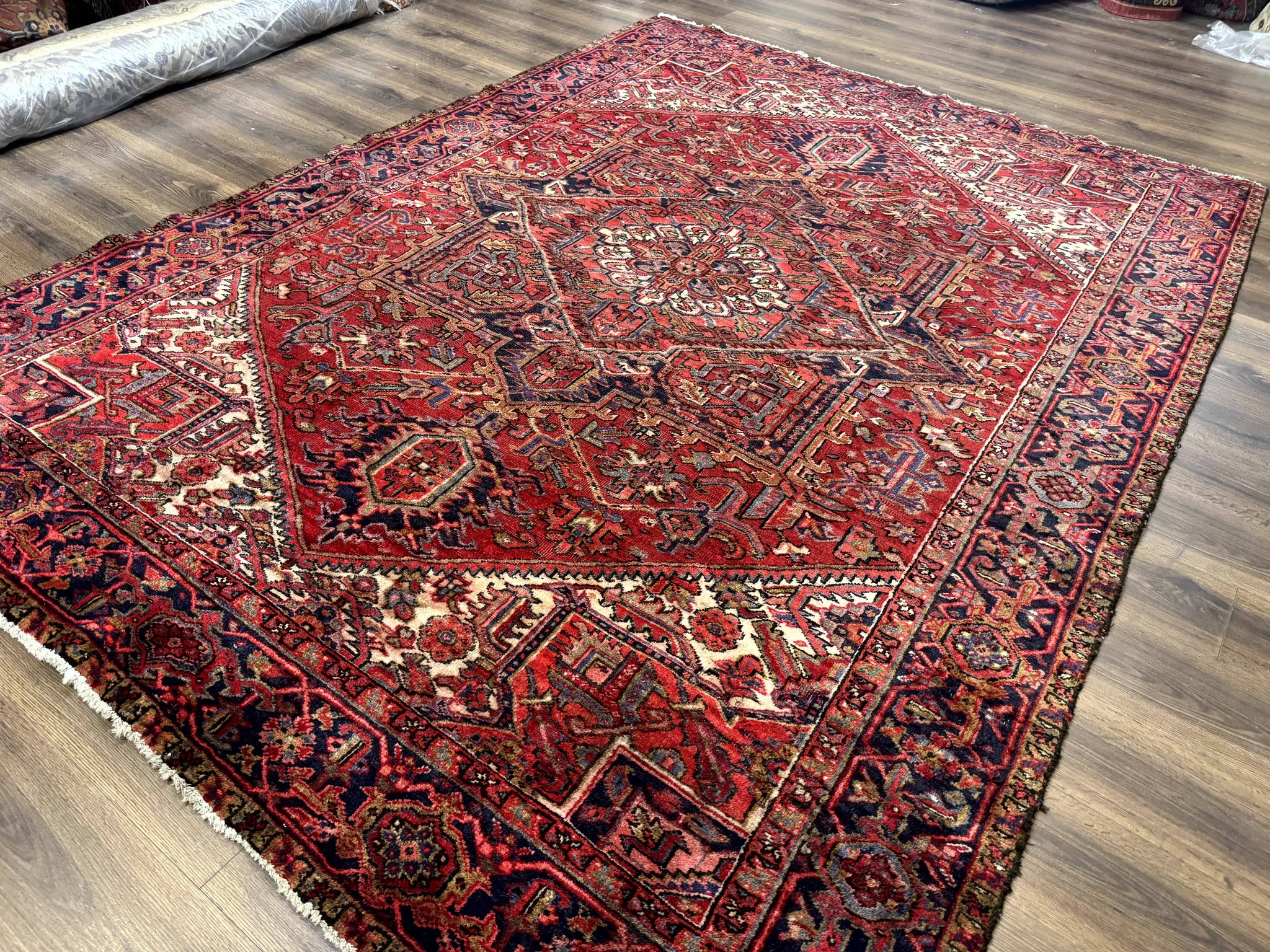 Persian Heriz Rug 7x10, Geometric Pattern, Red Ivory Navy Blue by Jewel Rugs