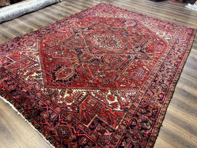 Persian Heriz Rug 7x10, Geometric Pattern, Red Ivory Navy Blue by Jewel Rugs