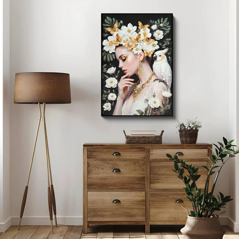 Beauty Lady Wall Art Gold and White Floral Canvas 24x36 Inch by HouseOfZazla