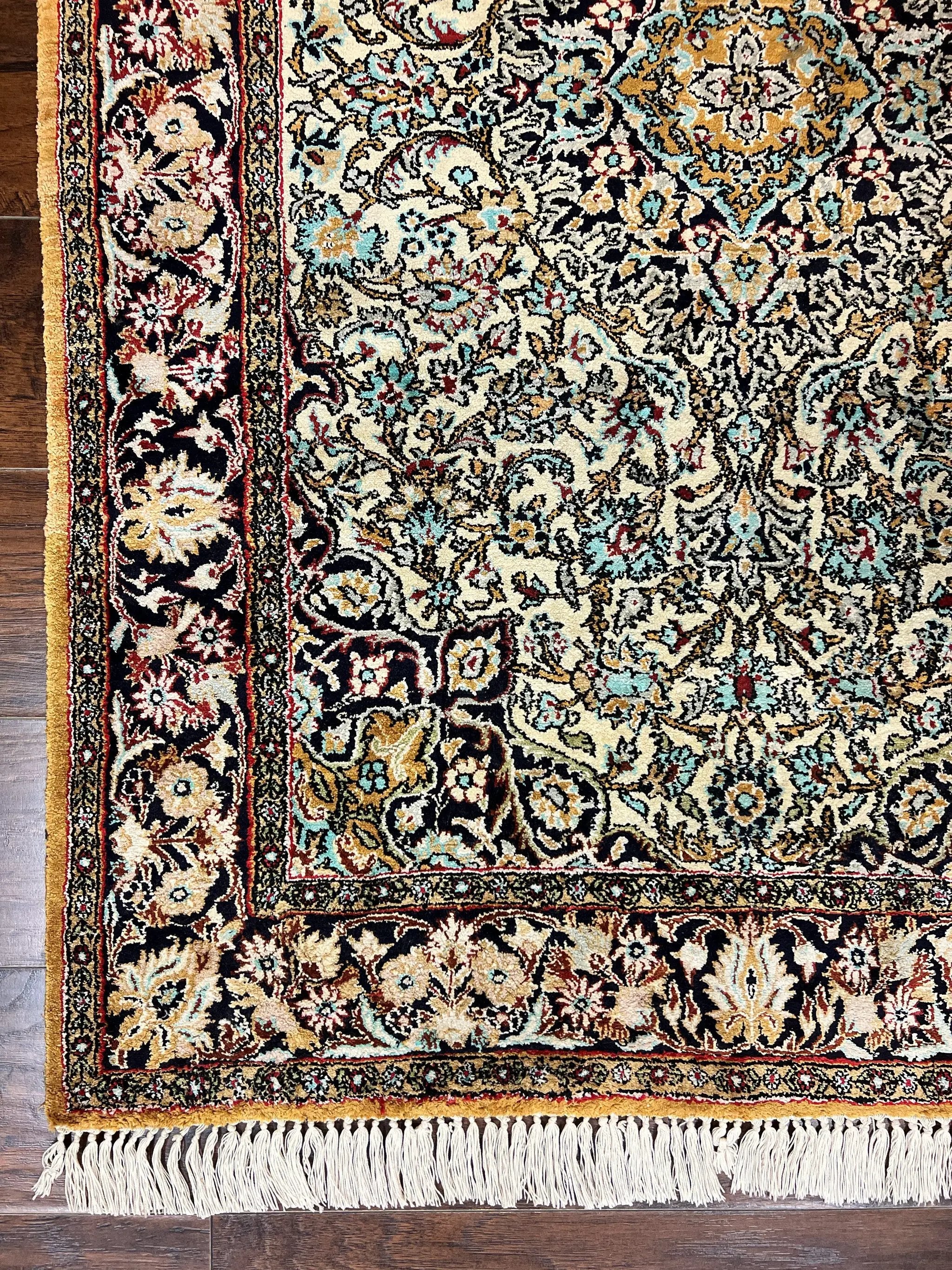Silk Persian Qum Rug 4x5, Hand Knotted Vintage Carpet, Cream & Navy Blue, Silk Pile on Silk Foundation, Very Fine 360 KPSI by Jewel Rugs