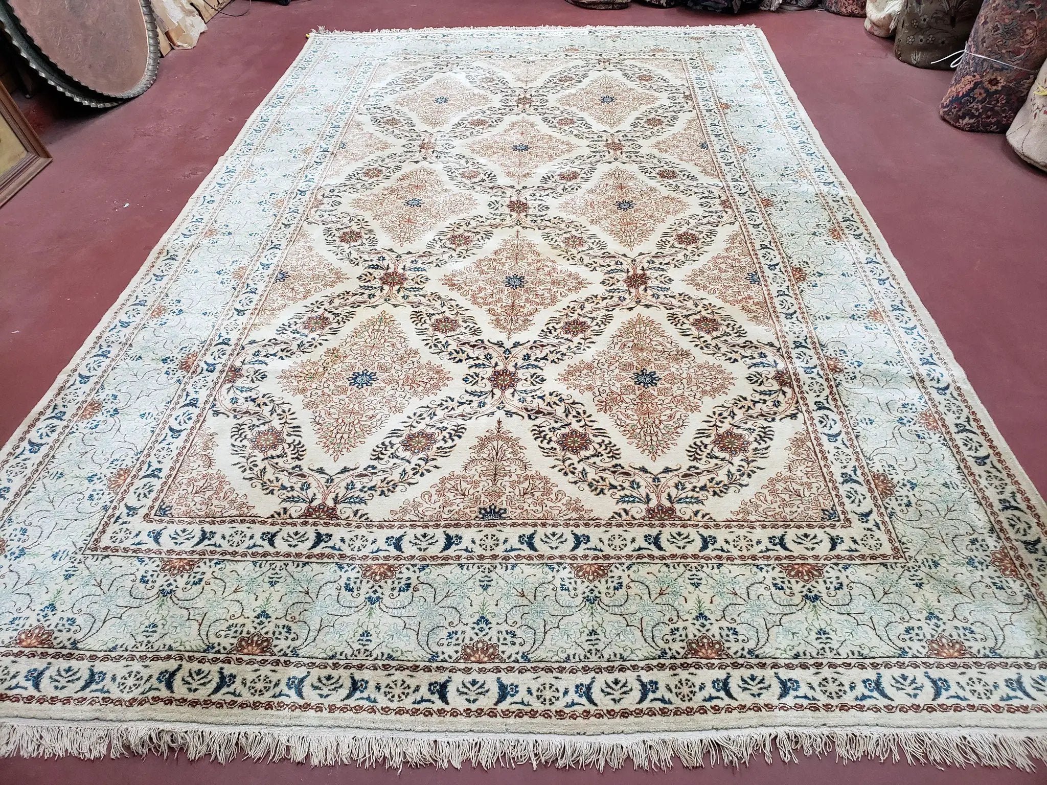 Fine Antique Persian Light Colored Kashan Carpet, 7x12, Top Quality, Rare, Ivory & Blues, Hand-Knotted, Wool by Jewel Rugs