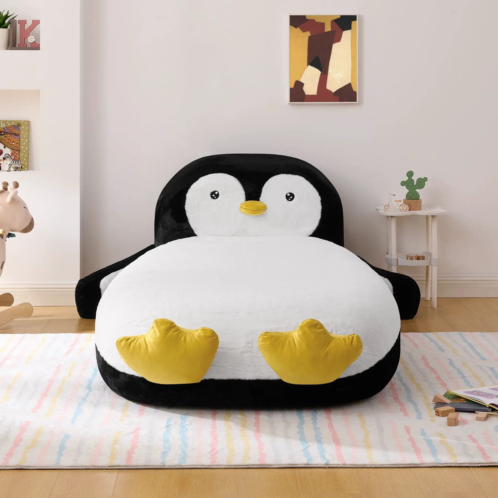 Twin Size Penguin Shaped Bed, Lounger Chair For Kids Bedroom - White / Black by Unique Piece Furniture