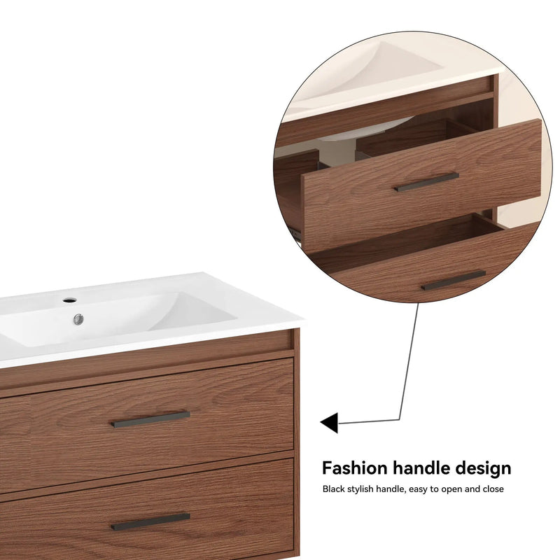 Wall Mounting Bathroom Vanity With Soft Close 2 Drawer, Sink - Reddish Brown by Unique Piece Furniture