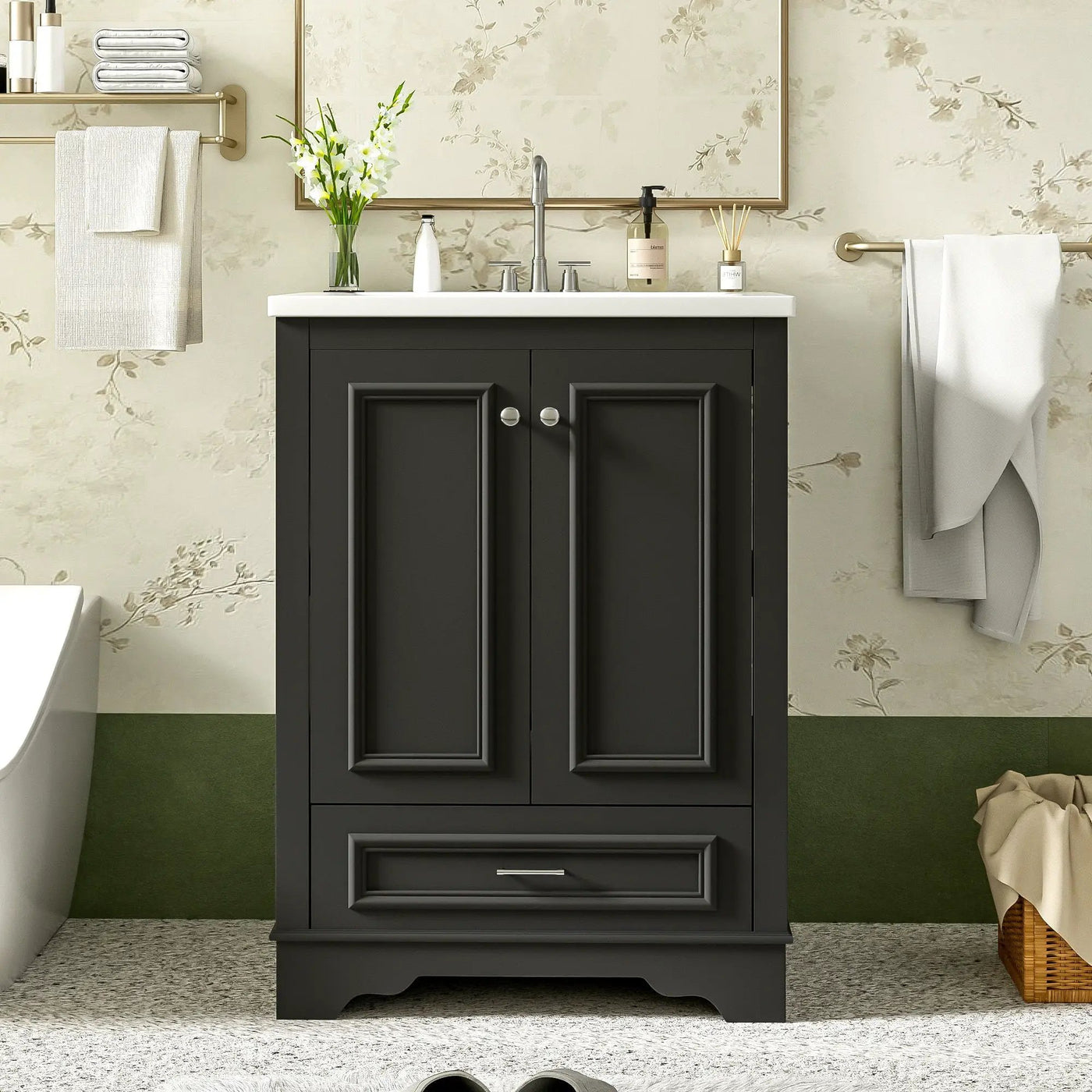 Bathroom Vanity With Ceramic Sink Combo, Modern Freestanding Storage Cabinet With Silver Handles by Unique Piece Furniture