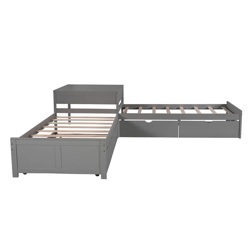 L Shaped Platform Bed With Trundle And Drawers Linked With Built In Desk