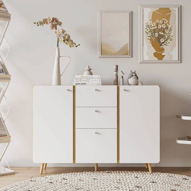 Sideboard Buffet Cabinet With 3 Drawers & 2 Doors, Buffet Cabinet With Adjustable Shelves For For Living Room Dining Room Hallway, Kitchen - White by HouseOfZazla
