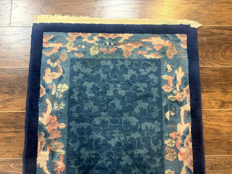 Blue Chinese Rug 2.6 x 4, Fete Rug, Peking Rug, Chinese Wool Rug, Art Deco Carpet by Jewel Rugs