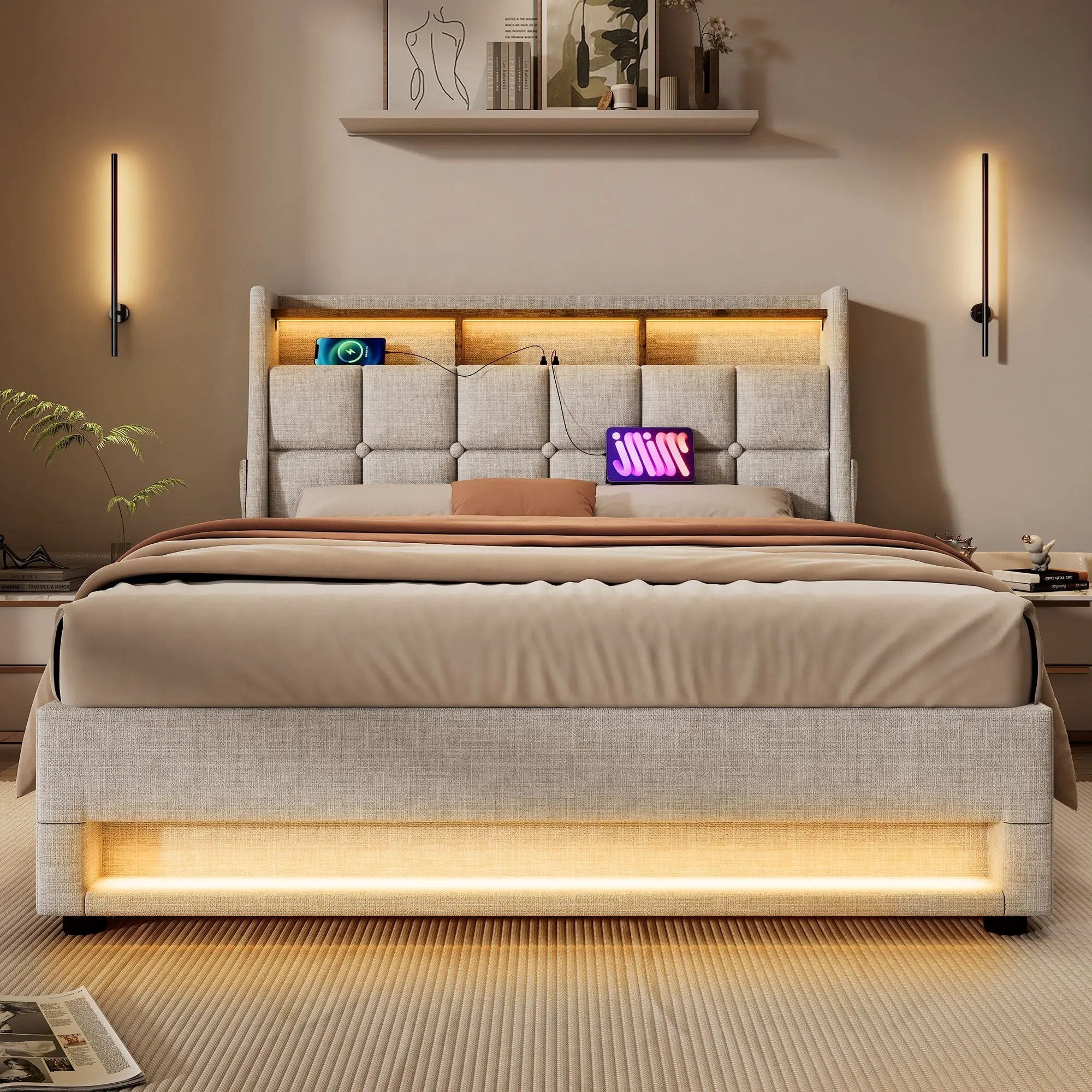 Platform Bed With Hydraulic Storage, LED Lighting & Charging Station by HouseOfZazla