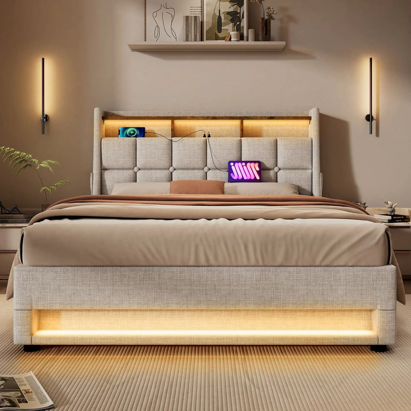Platform Bed With Hydraulic Storage, LED Lighting & Charging Station by HouseOfZazla