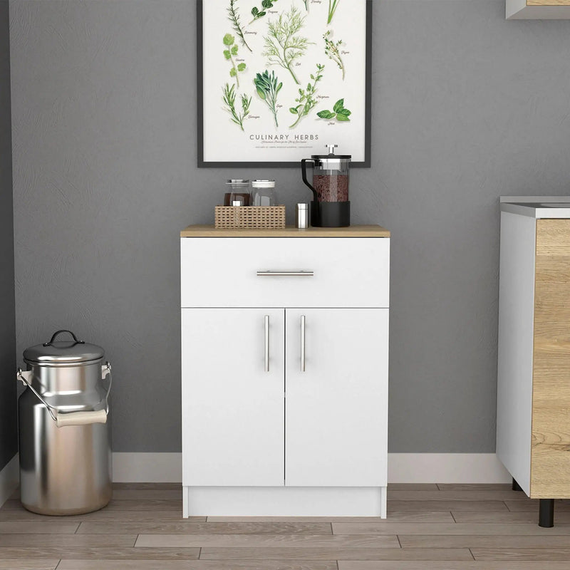Pantry Organizer Cabinet One Drawer, Two Interior Shelves, Two Doors - White / Light Oak by Unique Piece Furniture