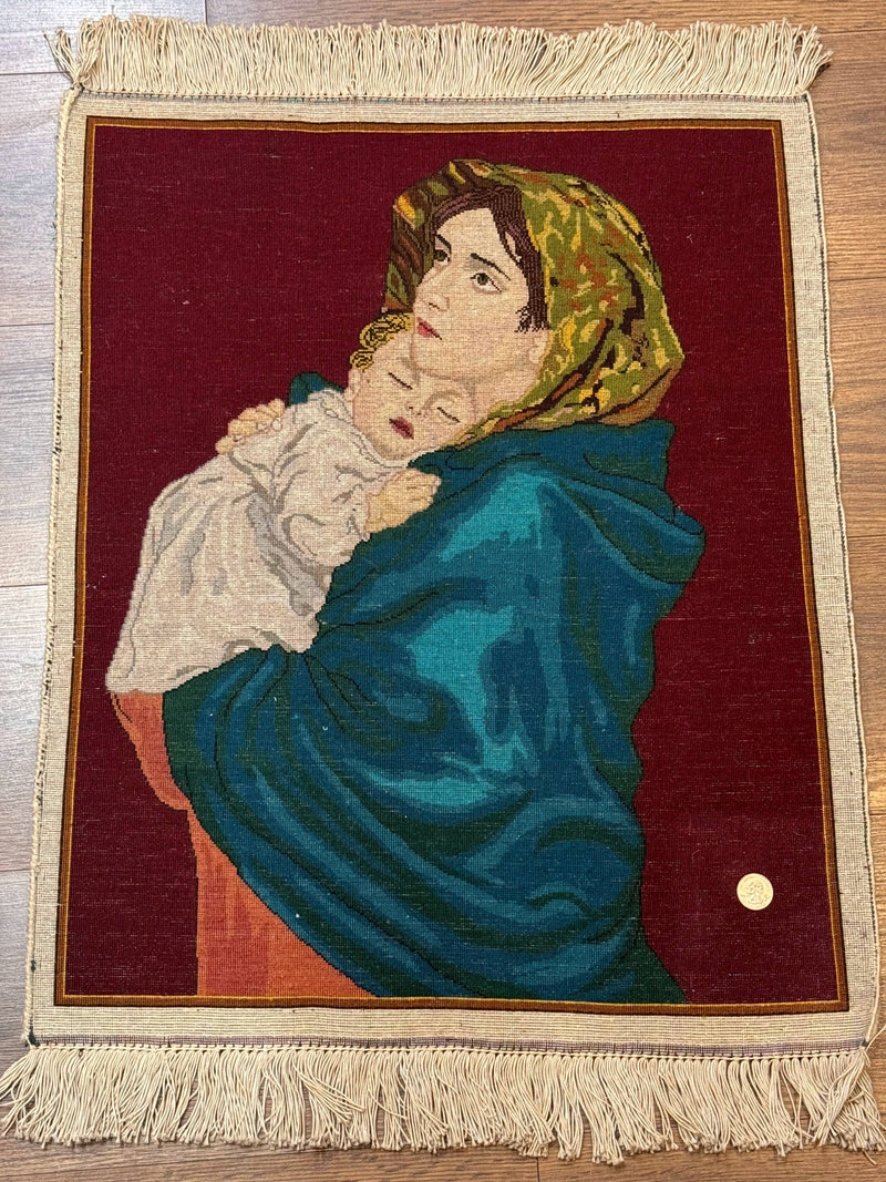 Small Persian Tabriz Pictorial Rug 2x2, Mother Holding Child, Very Fine 340 KPSI, Maroon by Jewel Rugs
