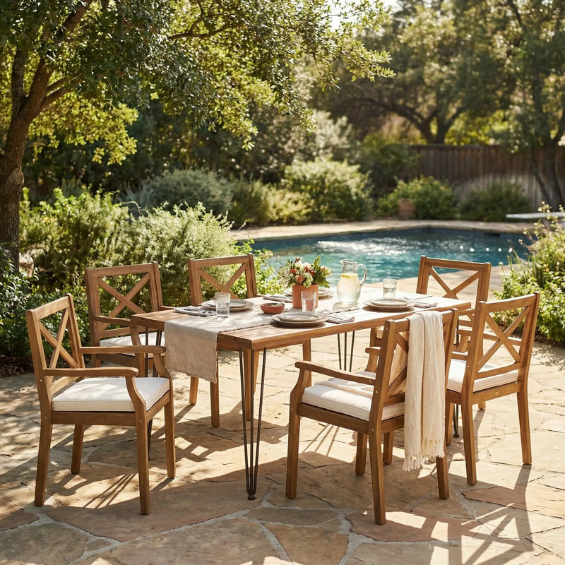 7 Pieces Acacia Wood Outdoor Dining Set with Cream Cushions by HouseOfZazla