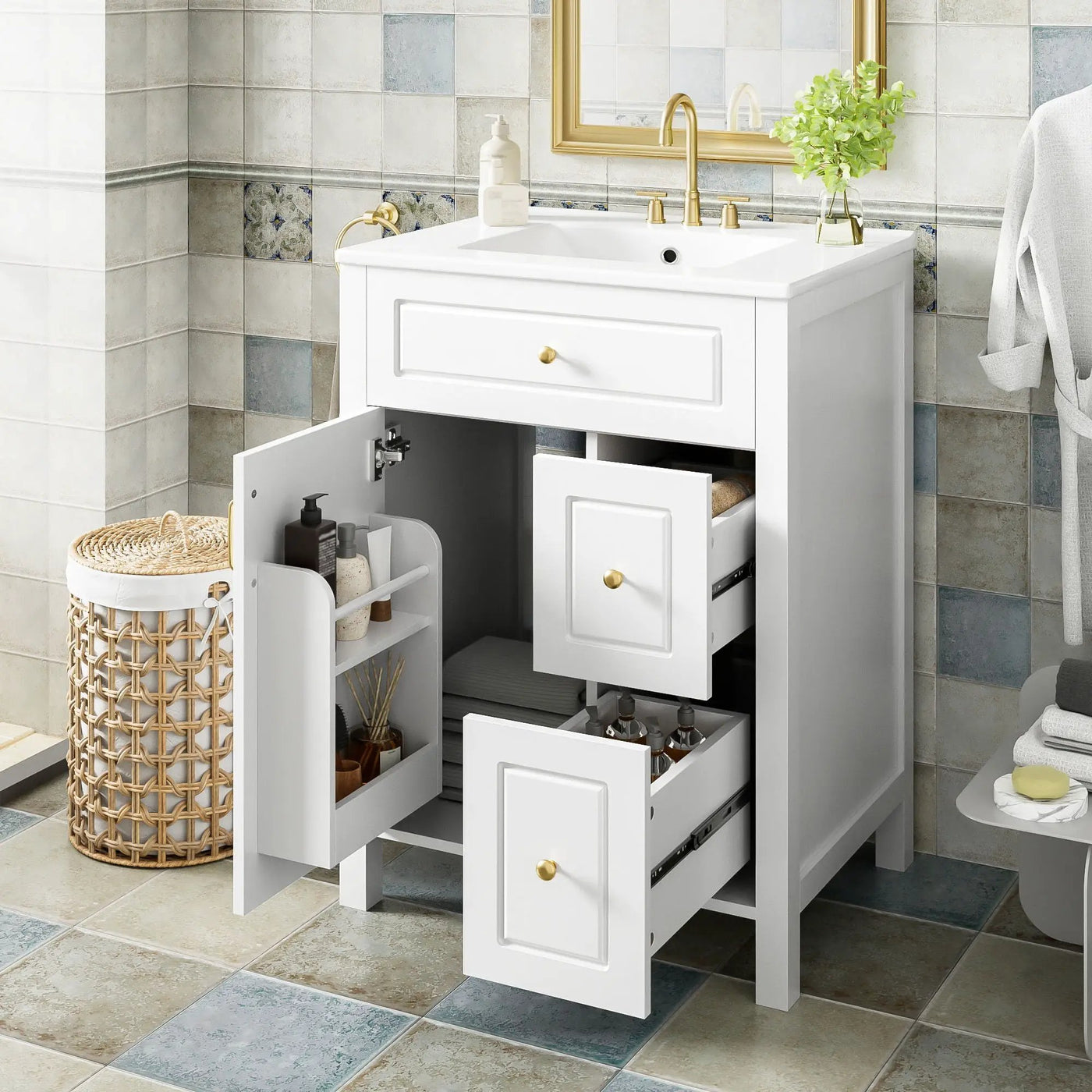 Elegant Bathroom Vanity With Ceramic Sink, Soft Close Doors And Drawers, Double Storage Racks by Unique Piece Furniture