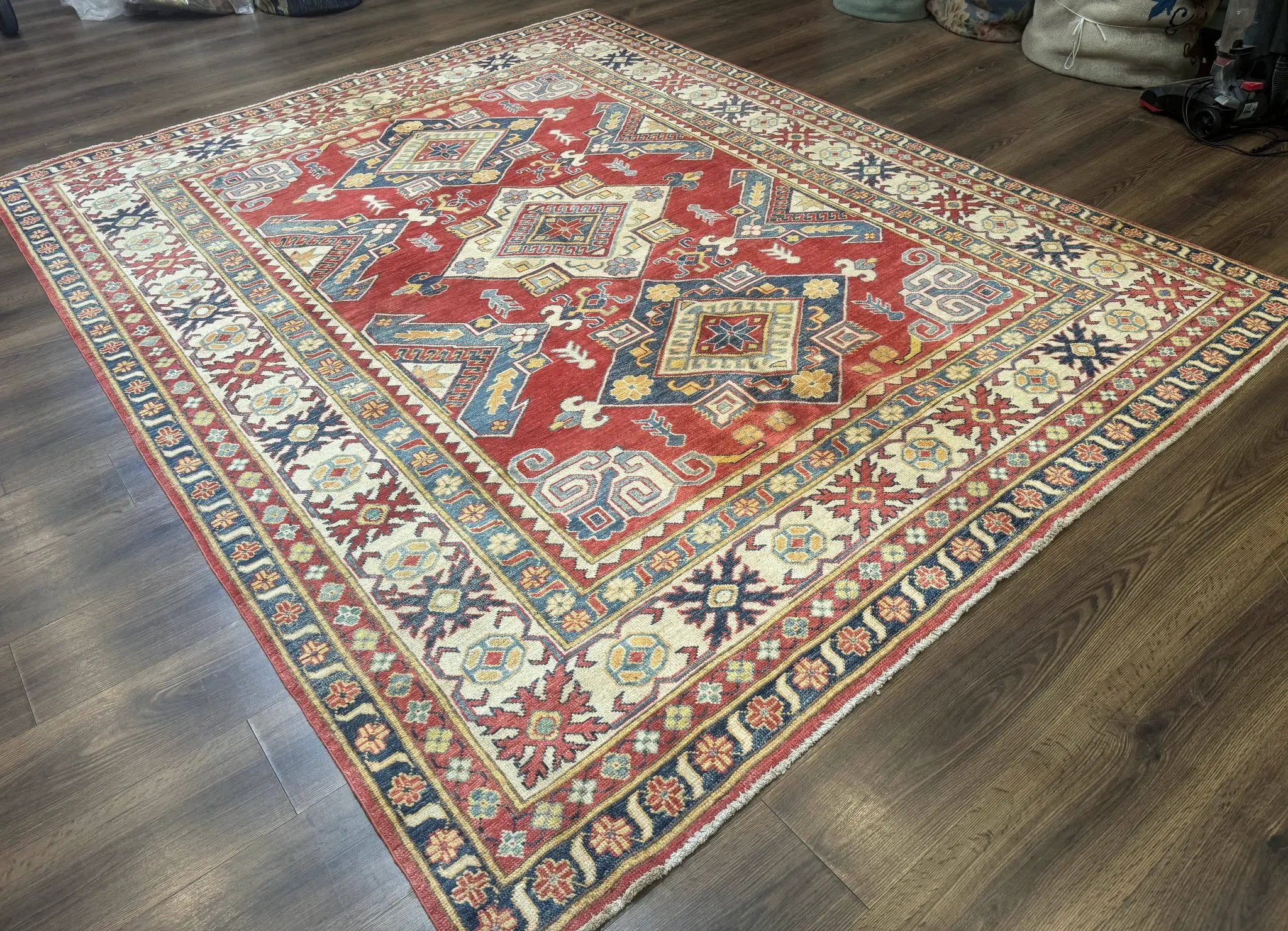Turkish Kazak Rug 7.6 x 9.5, Geometric Medallions, Caucasian Pattern by Jewel Rugs