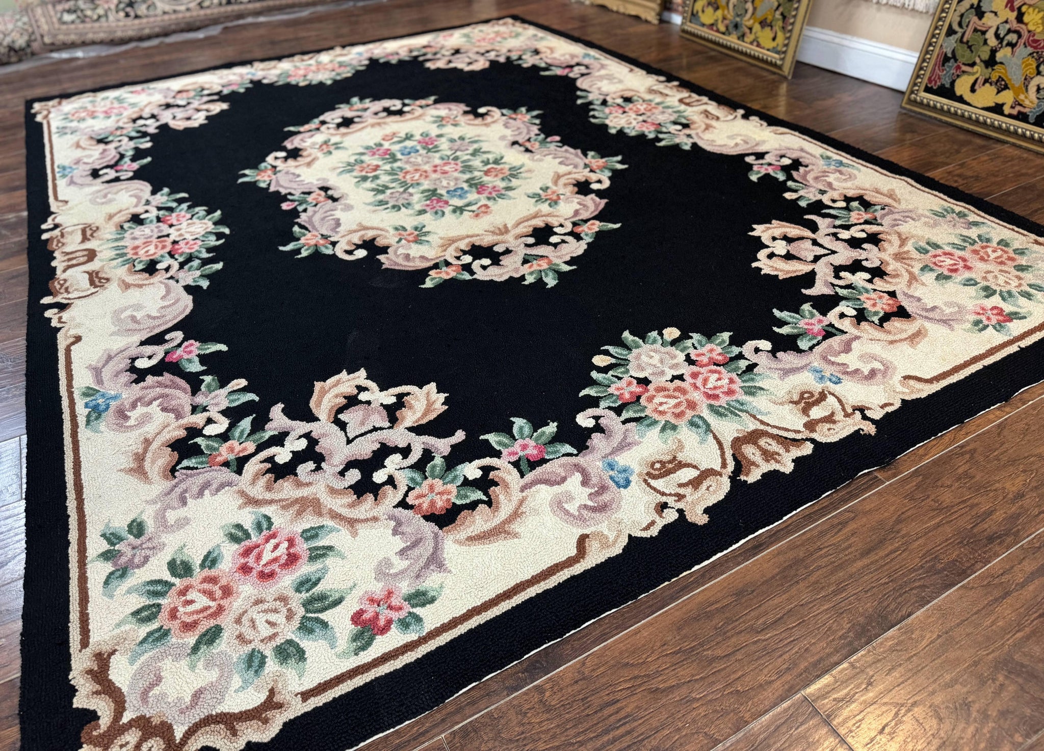 Aubusson Rug 8x11, Black and Ivory, Hooked Rug, Vintage, Wool by Jewel Rugs