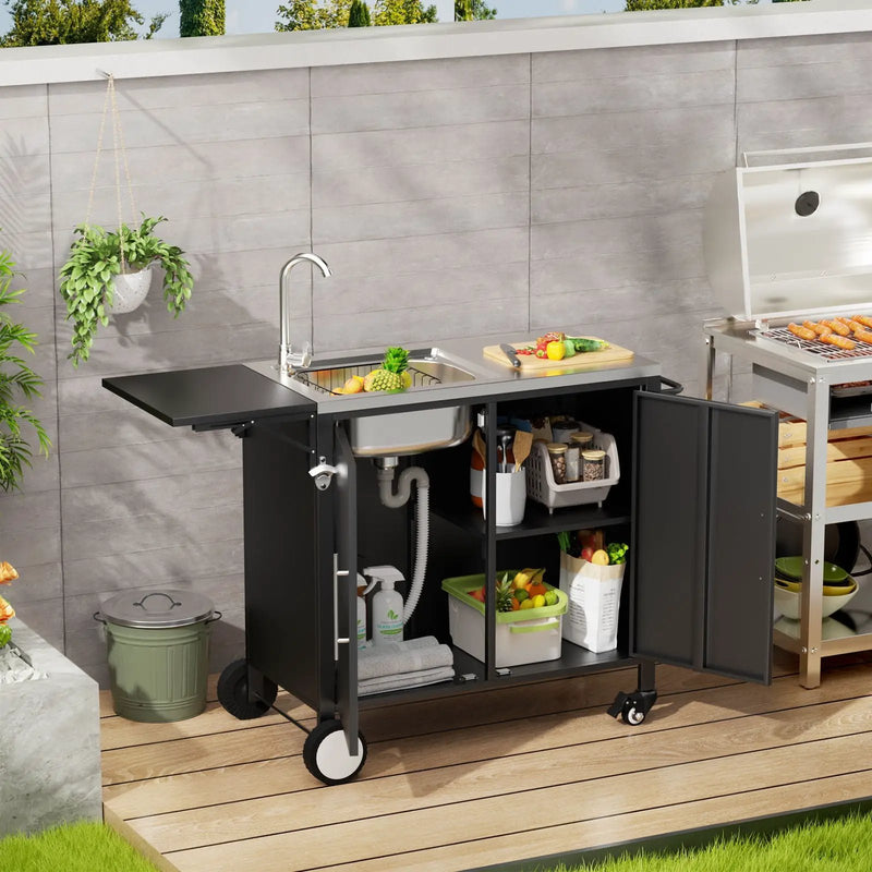 Outdoor Grill Table With Sink, Worktable Kitchen Cabinet Island With Wheels & Foldable Top - Black by HouseOfZazla