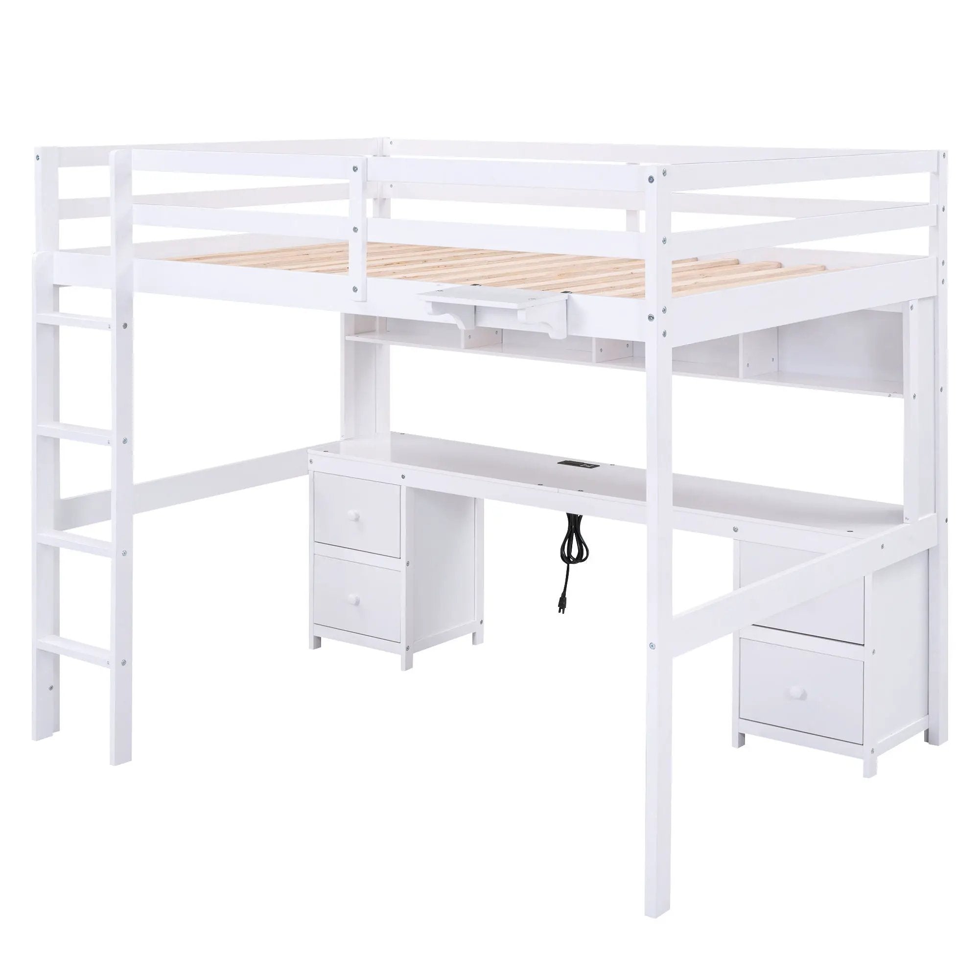 Full Size Loft Bed With Desk, Cabinets, Drawers, Charging Station And Bedside Tray, Sturdy Frame, No Box Spring Required - White by HouseOfZazla