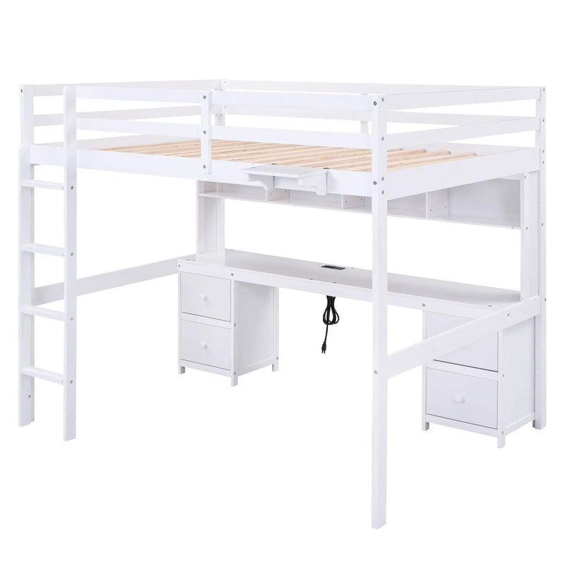 Full Size Loft Bed With Desk, Cabinets, Drawers, Charging Station And Bedside Tray, Sturdy Frame, No Box Spring Required - White by HouseOfZazla
