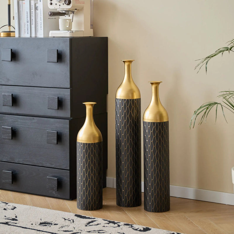 Elegant Floor Vase Set Metal Decorative Vases 3 Piece Set For Floral Display, Wedding & Gift Decor - Gold / Black by HouseOfZazla