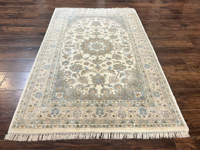 Indo Persian Rug 4x6, Floral Medallion, Beige, Handmade Wool Vintage Carpet 4 x 6 ft by Jewel Rugs