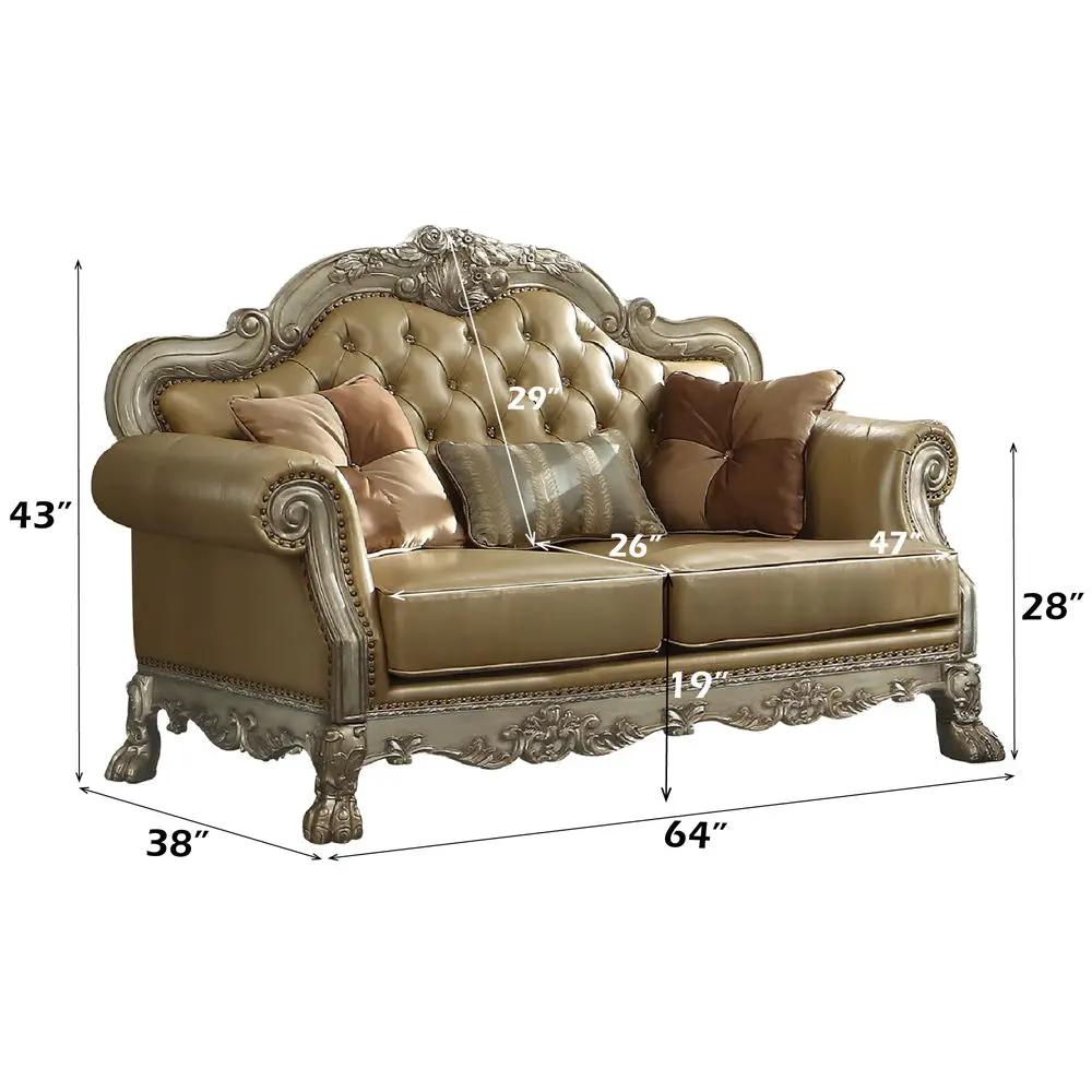 Dresden - Loveseat With 3 Pillows - Bone Synthetic Leather & Gold Patina by Unique Piece Furniture