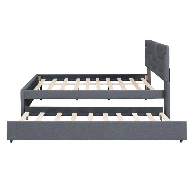 Upholstered Platform Bed With Brick Pattern Headboard And Twin Long Size Trundle by HouseOfZazla