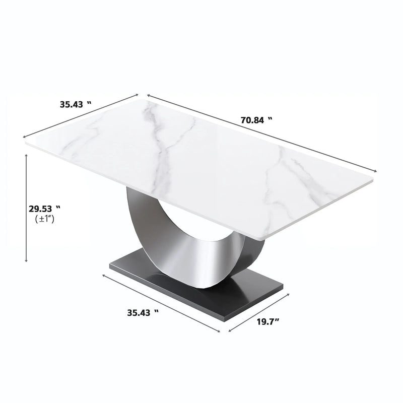 70.87" Modern Artificial Stone Crescent-Shaped Metal Legs, Can Accommodate 6-8 People - White / Black by HouseOfZazla
