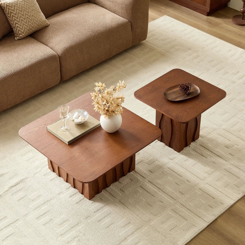 2PCS Nesting Square Coffee Table Mid-Century Wavy Fluted Base by HouseOfZazla