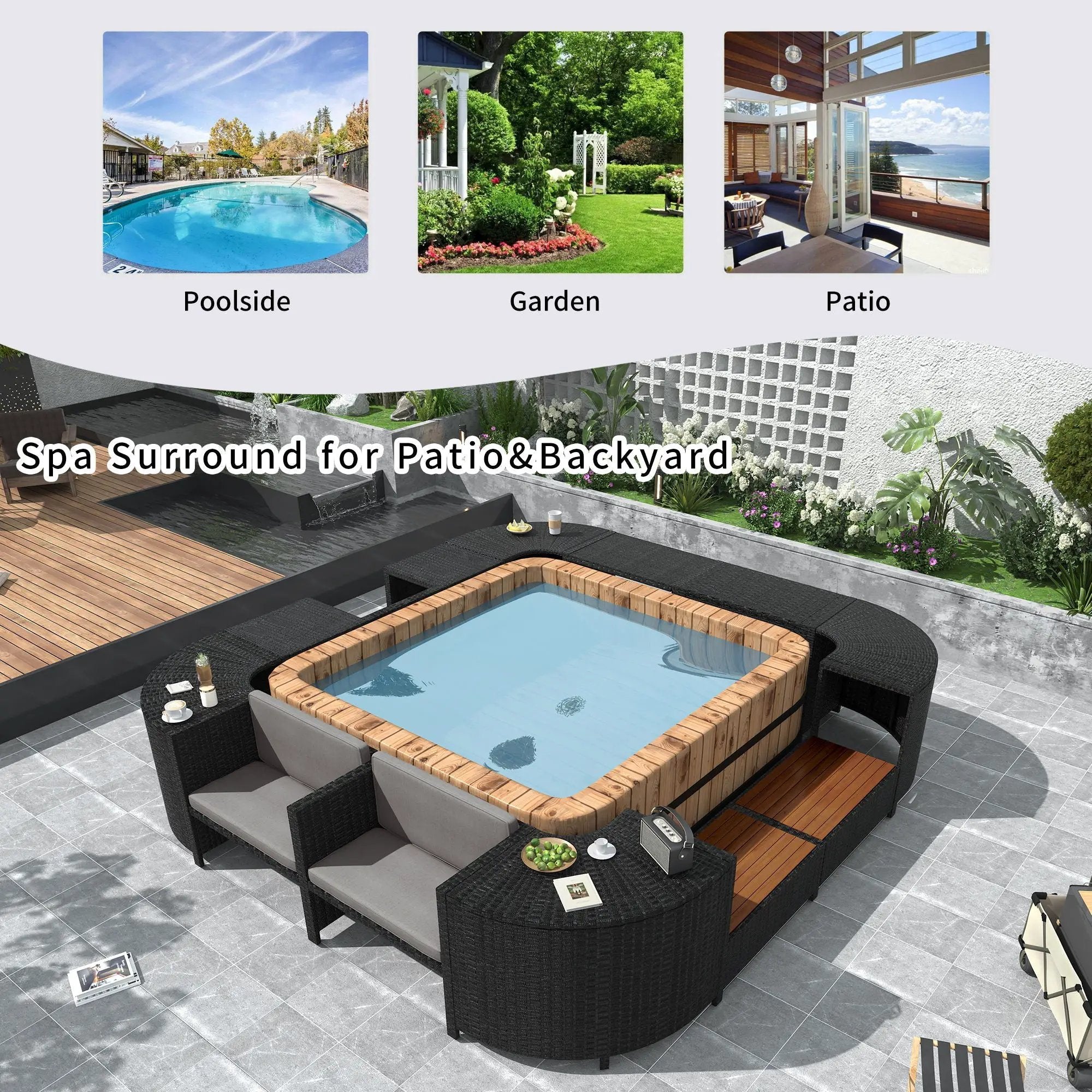 Spa Surround Spa Frame Quadrilateral Outdoor Rattan Sectional Sofa Set With Mini Sofa, Wooden Seats And Storage Spaces by HouseOfZazla