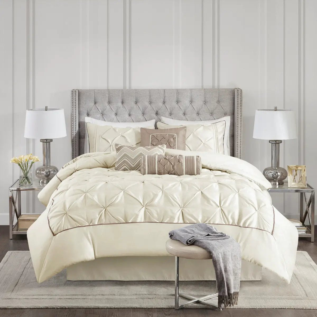 7 Piece Tufted Comforter Set Ivory Queen by HouseOfZazla
