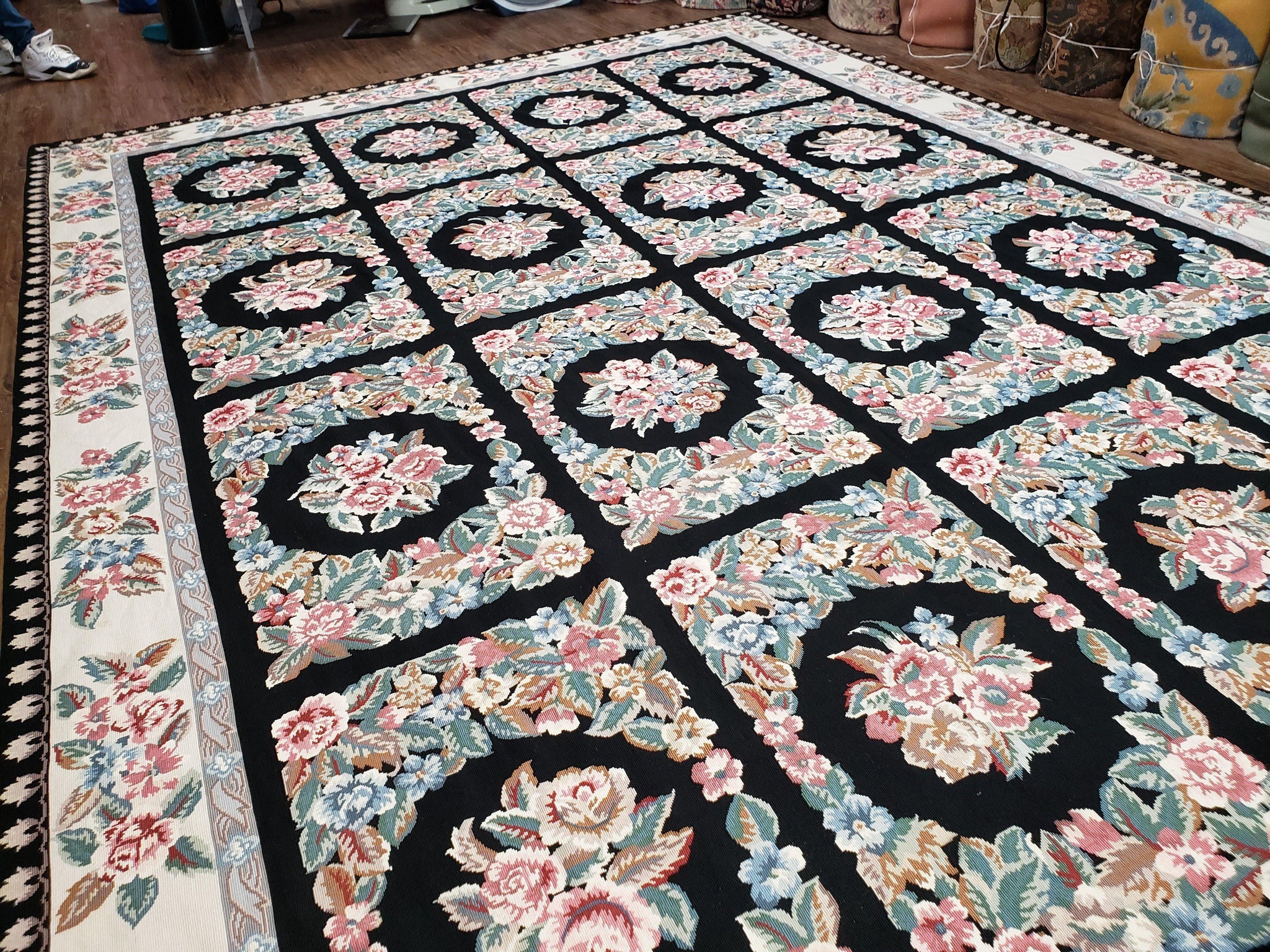 Floral Needlepoint Rug 9.5 x 13.6, Floral Panel Design, Black and Ivory Flatweave Aubusson Carpet, Multicolor by Jewel Rugs