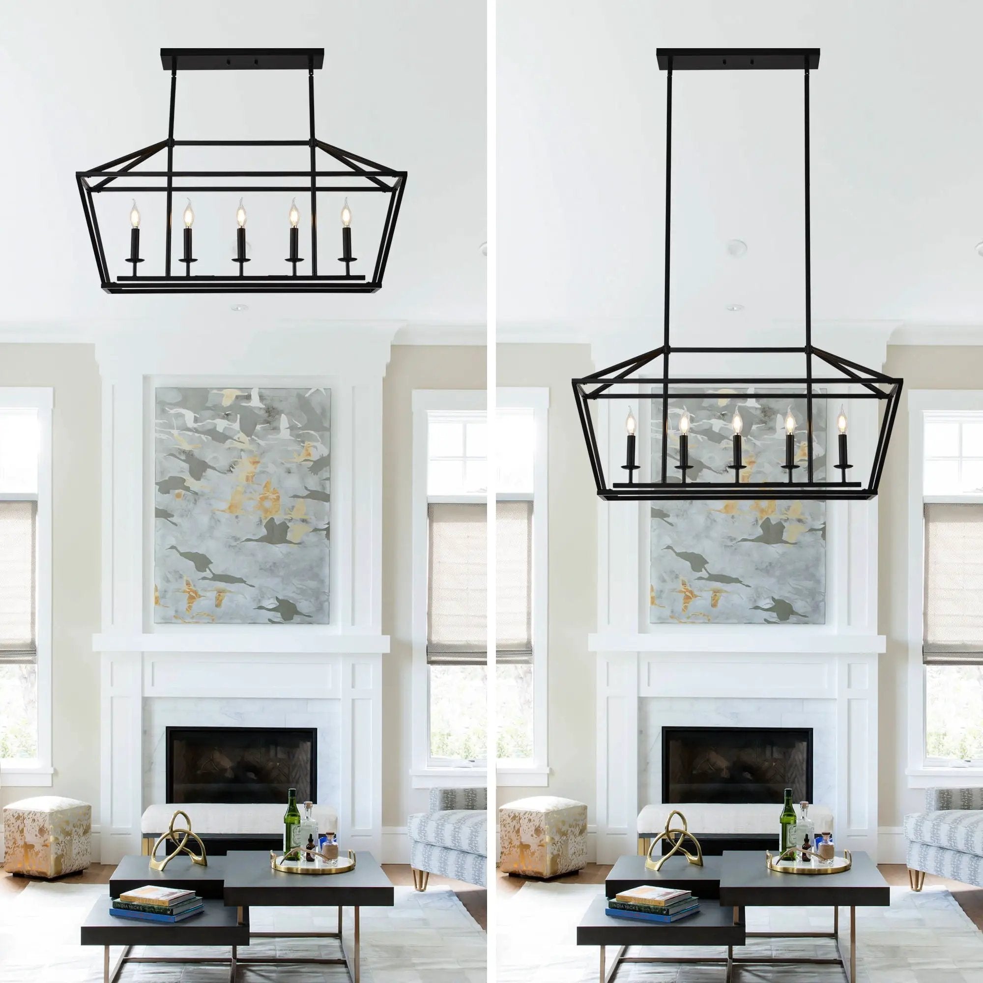 5 Light Farmhouse Kitchen Island Lighting, 5 Light Industrial Linear Chandelier For Dining Room Metal Hanging Pendant Light Fixture For Bedroom Living Room Hallway Conference Room - Matte Black by HouseOfZazla