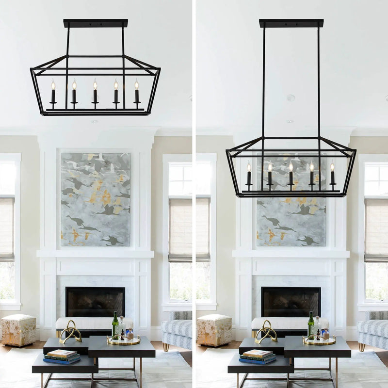5 Light Farmhouse Kitchen Island Lighting, 5 Light Industrial Linear Chandelier For Dining Room Metal Hanging Pendant Light Fixture For Bedroom Living Room Hallway Conference Room - Matte Black by HouseOfZazla