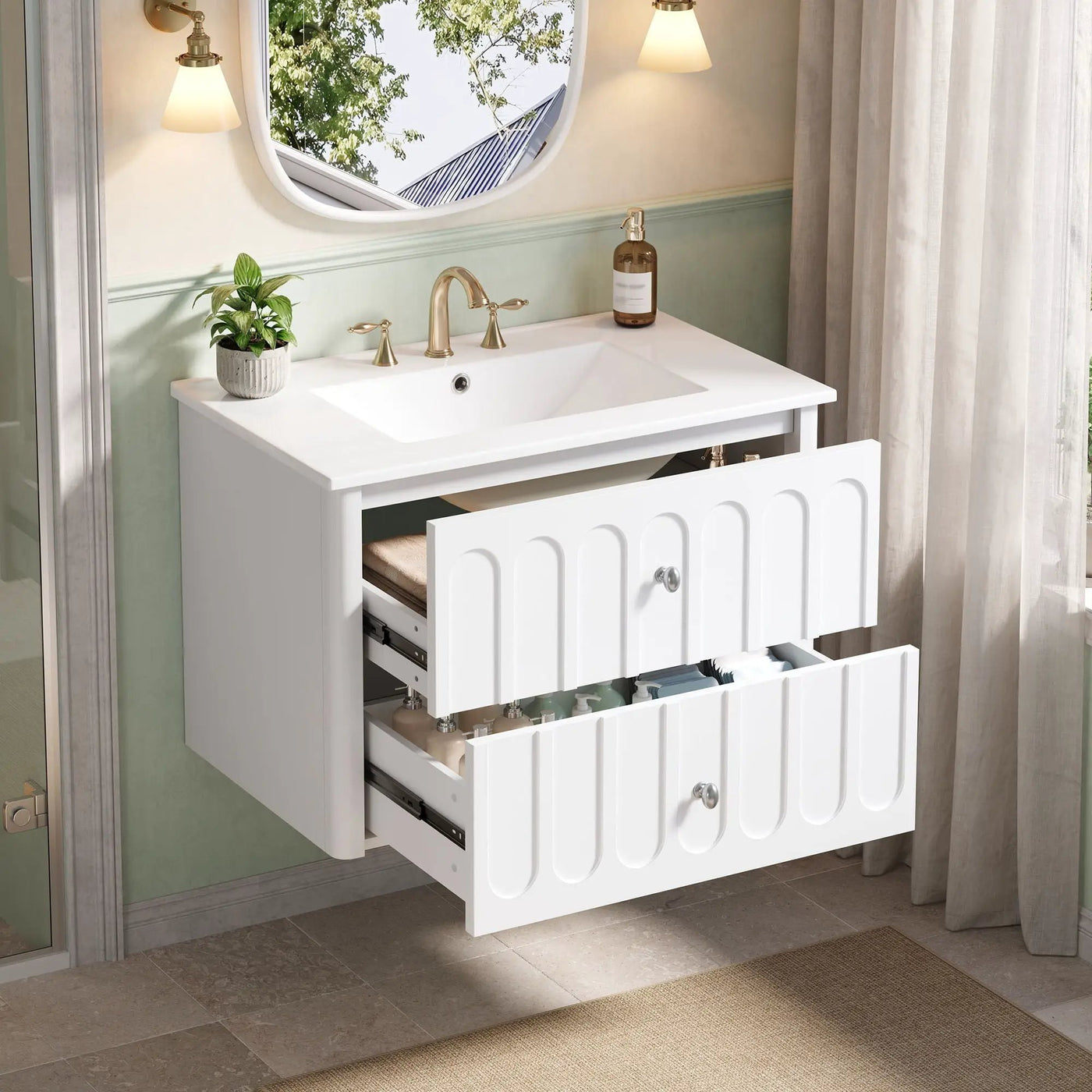 Floating Bathroom Vanity With Oval Knobs & Round Edge, Soft Close Drawer Slides by Unique Piece Furniture