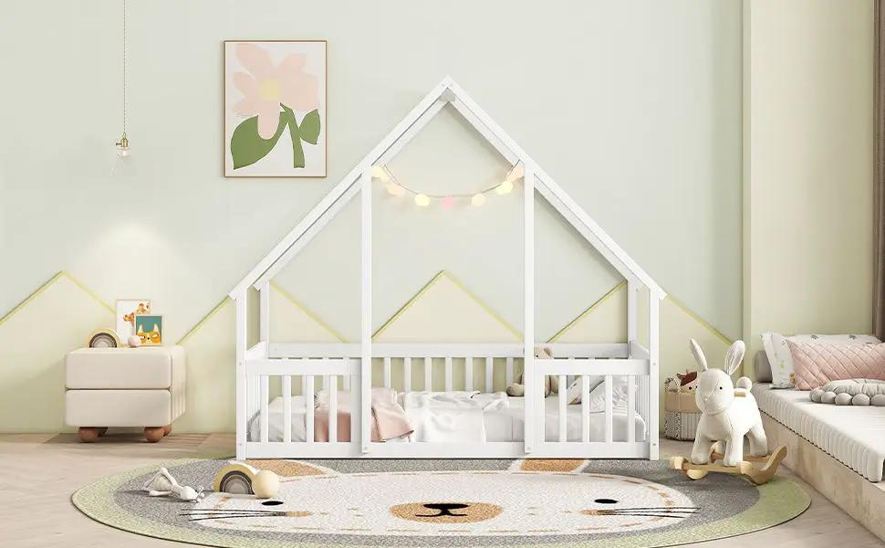 Wood House-Shaped Floor Bed With Fence, Guardrails by Unique Piece Furniture