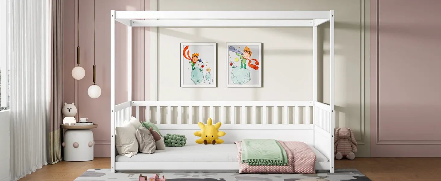 Full Size Canopy Bed Frame with Guardrails for Kids by HouseOfZazla