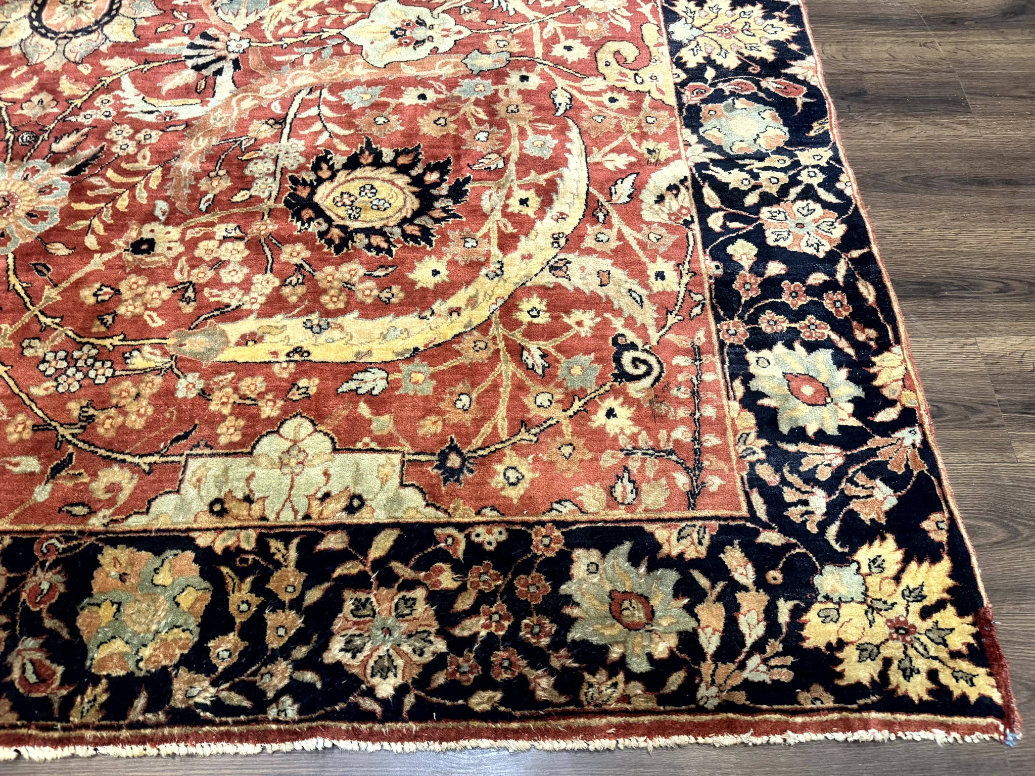 Indian Agra Rug 9x11, Terracotta and Navy Blue, Sickle Leaf Rug by Jewel Rugs