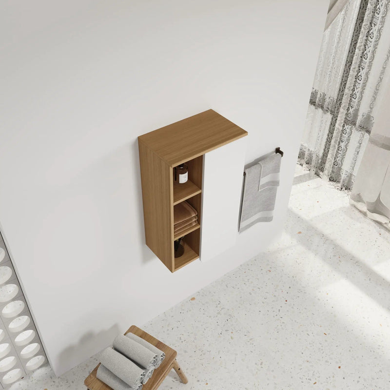 Wall Mounted Bathroom Side Cabinet, Single Door With 3 Tier Open Shelves - Black / Light Oak / White by HouseOfZazla