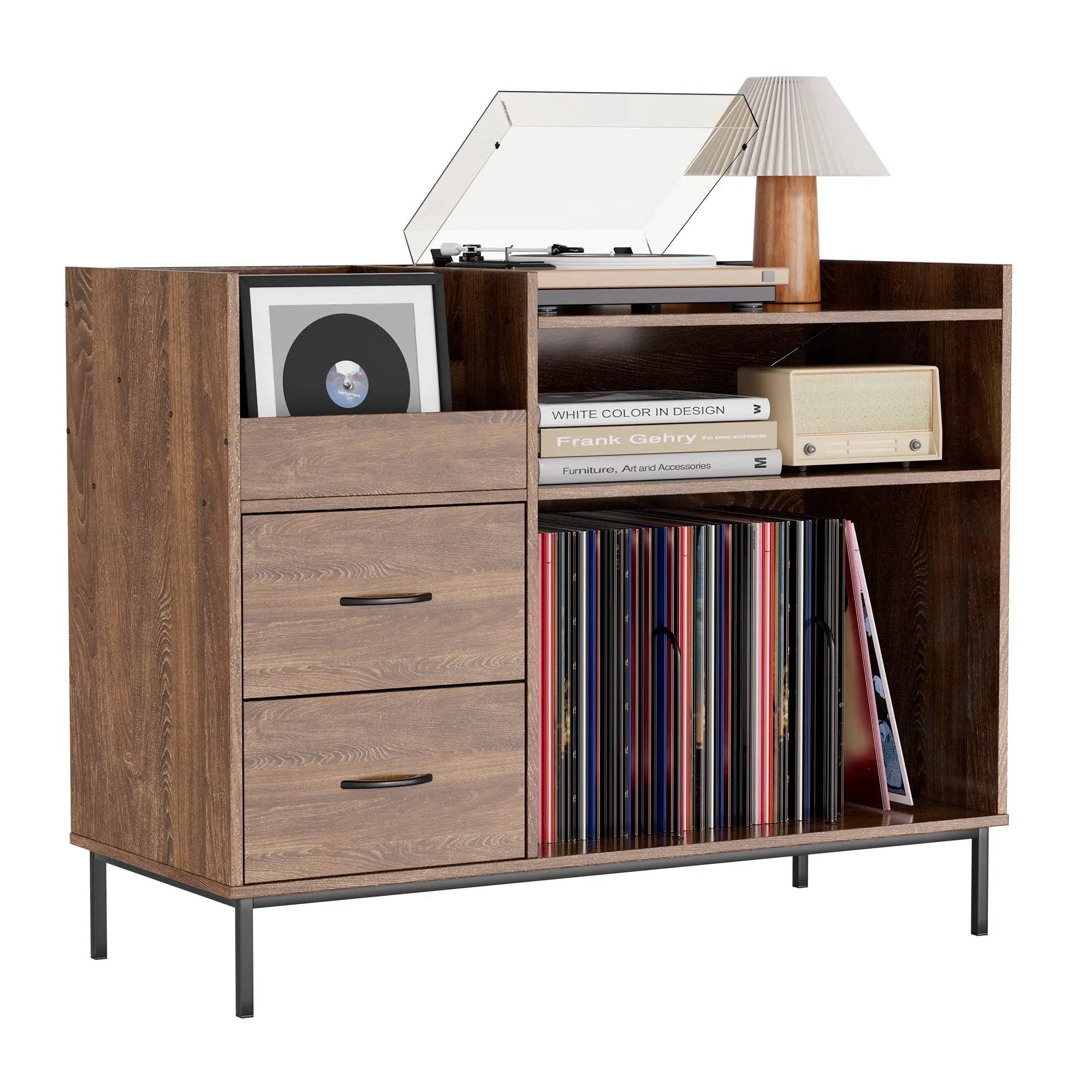 Eco-Friendly Vinyl Record Player Stand With Flip-Top Storage, Media Console With Dual Outlets And Dustproof Drawers by Unique Piece Furniture