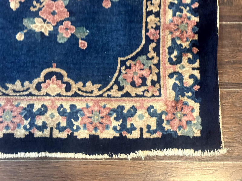 Blue and Beige Chinese Wool Rug 3x6, Chinese Fete Rug, Peking Rug, Antique Chinese Carpet by Jewel Rugs