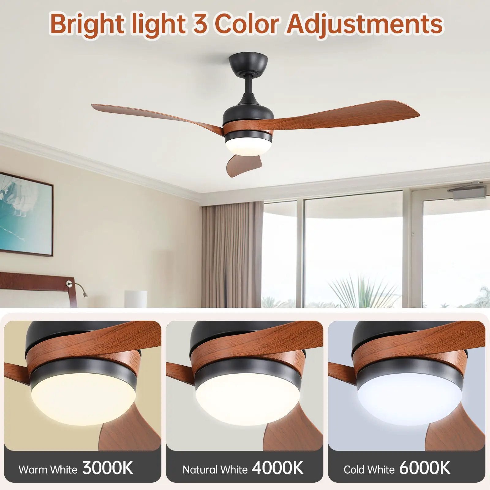 Ceiling Fan With 3 Blades, Remote Control, Reversible DC Motor, Noiseless Operation, 3 Downrods by Unique Piece Furniture