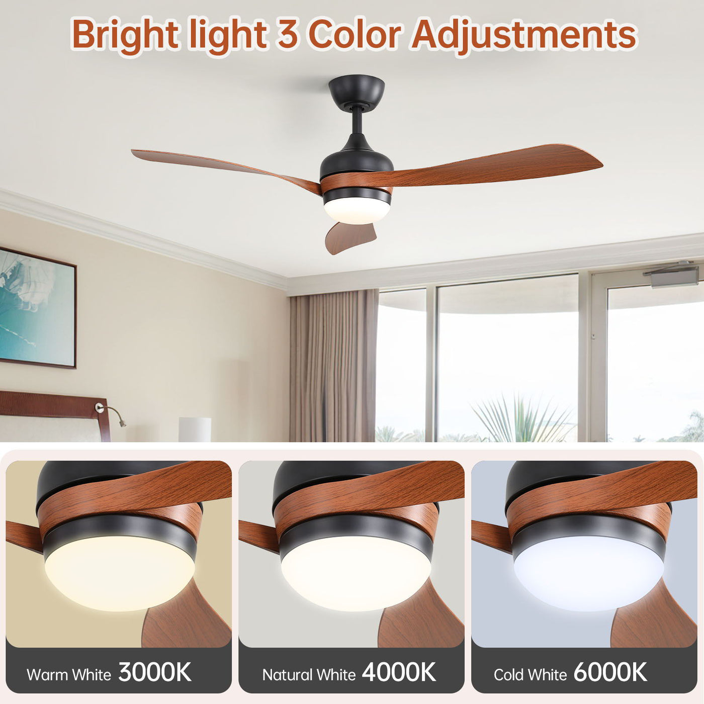 Ceiling Fan With 3 Blades, Remote Control, Reversible DC Motor, Noiseless Operation, 3 Downrods by Unique Piece Furniture