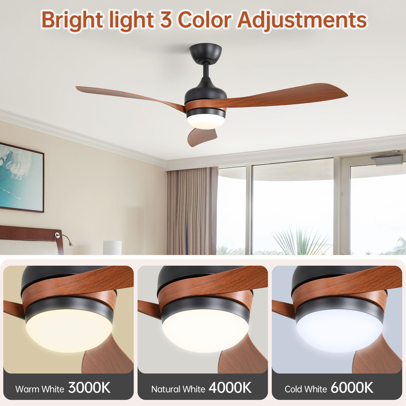 Ceiling Fan With 3 Blades, Remote Control, Reversible DC Motor, Noiseless Operation, 3 Downrods by Unique Piece Furniture