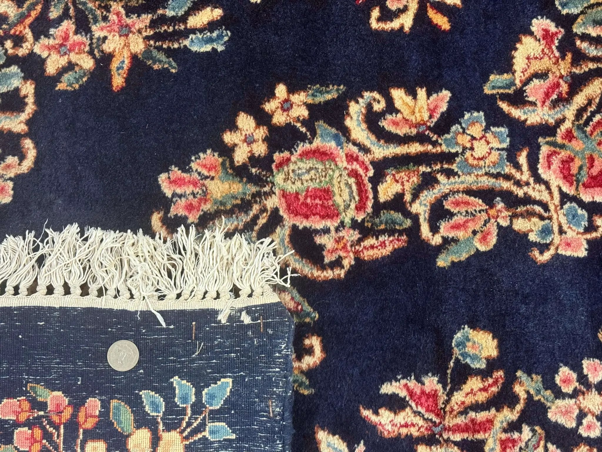 Antique Persian Kerman Rug 10x13, Navy Blue Floral Carpet, Fine 270 KPSI by Jewel Rugs