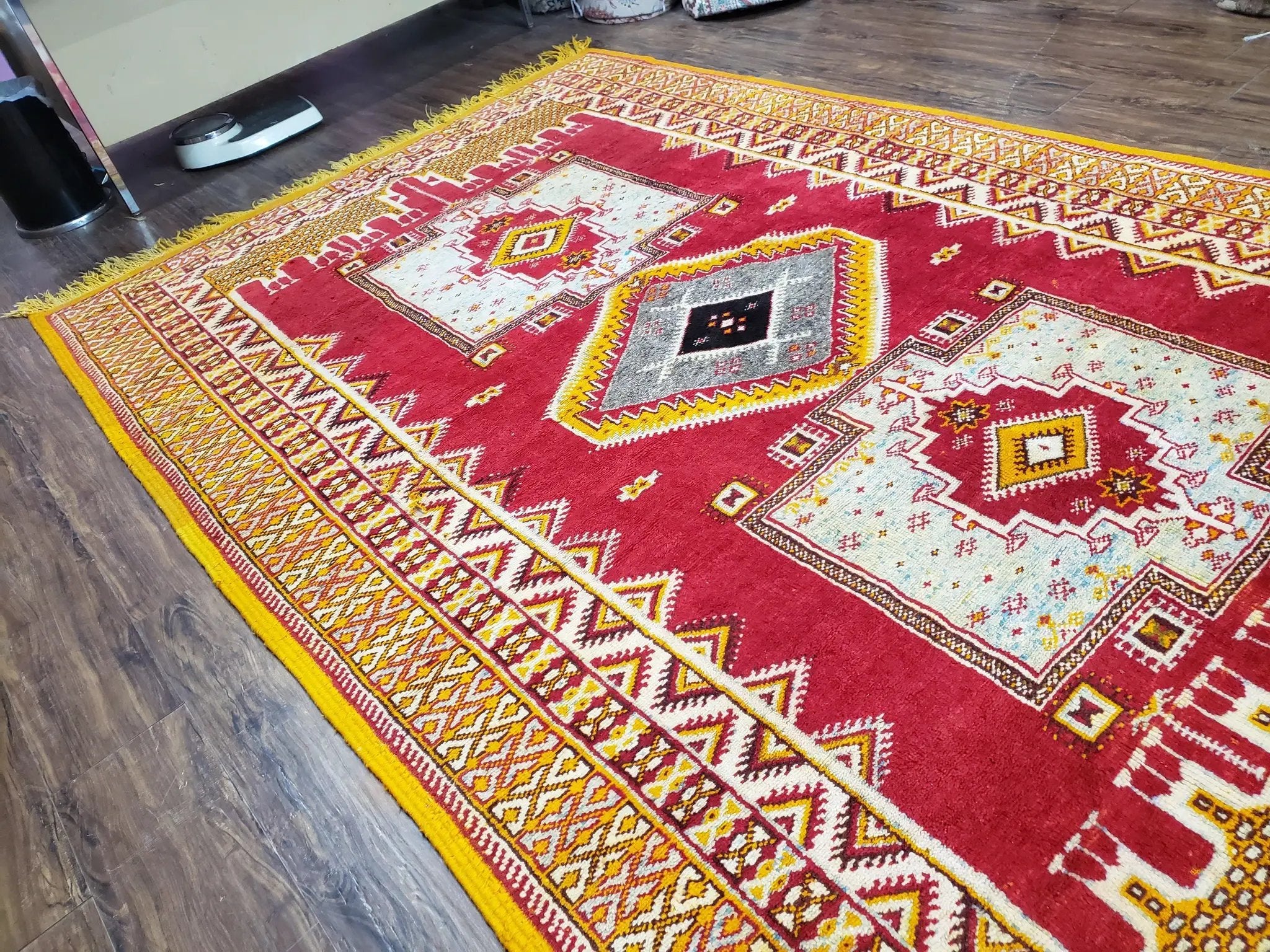 Vintage Moroccan Rug 6x10, Red and Yellow Moroccan Carpet, Handmade Bohemian Tribal Area Rug, Hand-Knotted 1970s Wool Rug, Medalions by Jewel Rugs