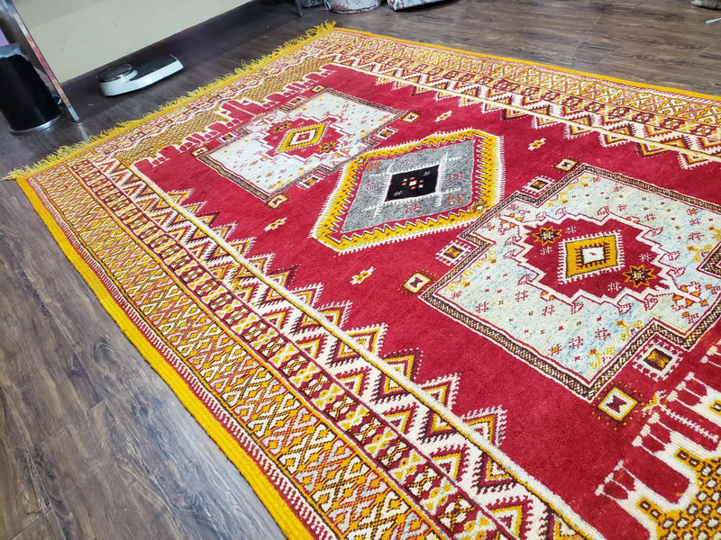 Vintage Moroccan Rug 6x10, Red and Yellow Moroccan Carpet, Handmade Bohemian Tribal Area Rug, Hand-Knotted 1970s Wool Rug, Medalions by Jewel Rugs