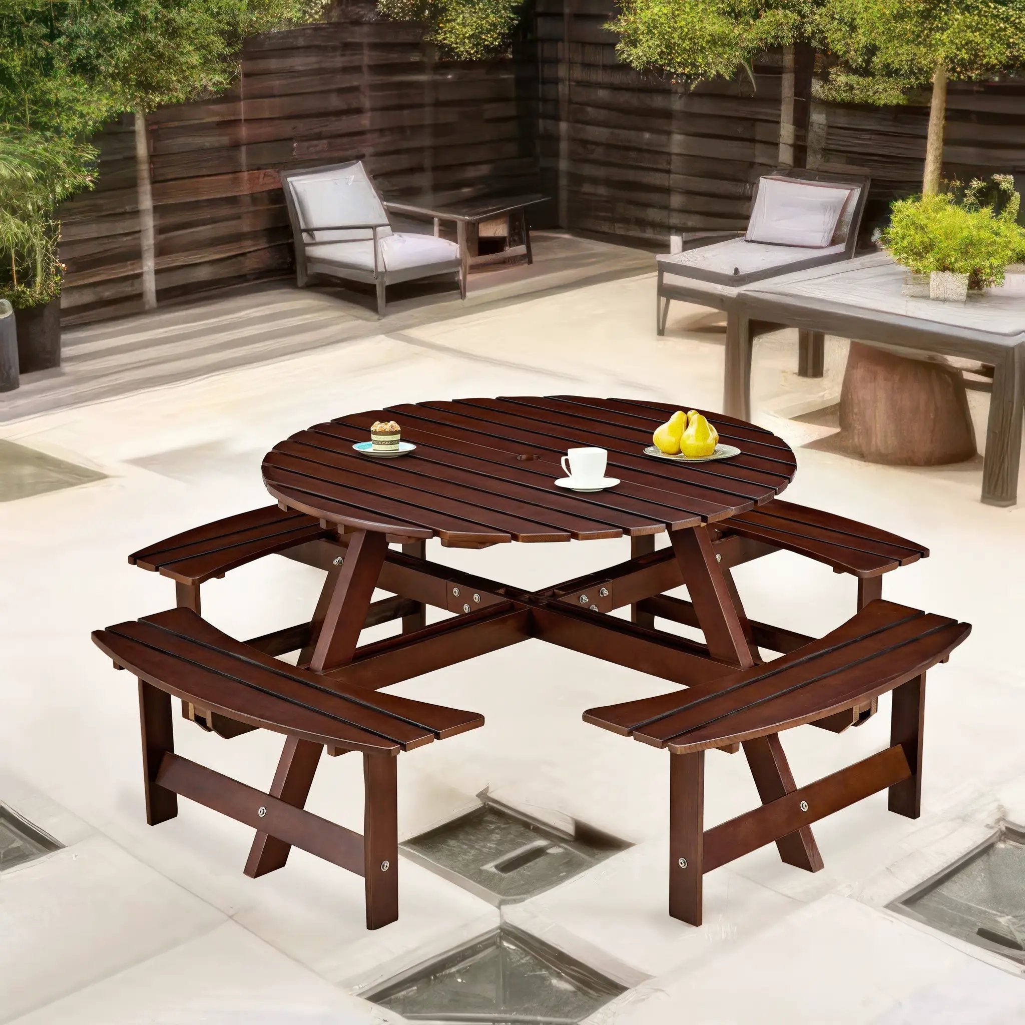 Outdoor 8 Person Round Picnic Table with Built-In Benches by HouseOfZazla
