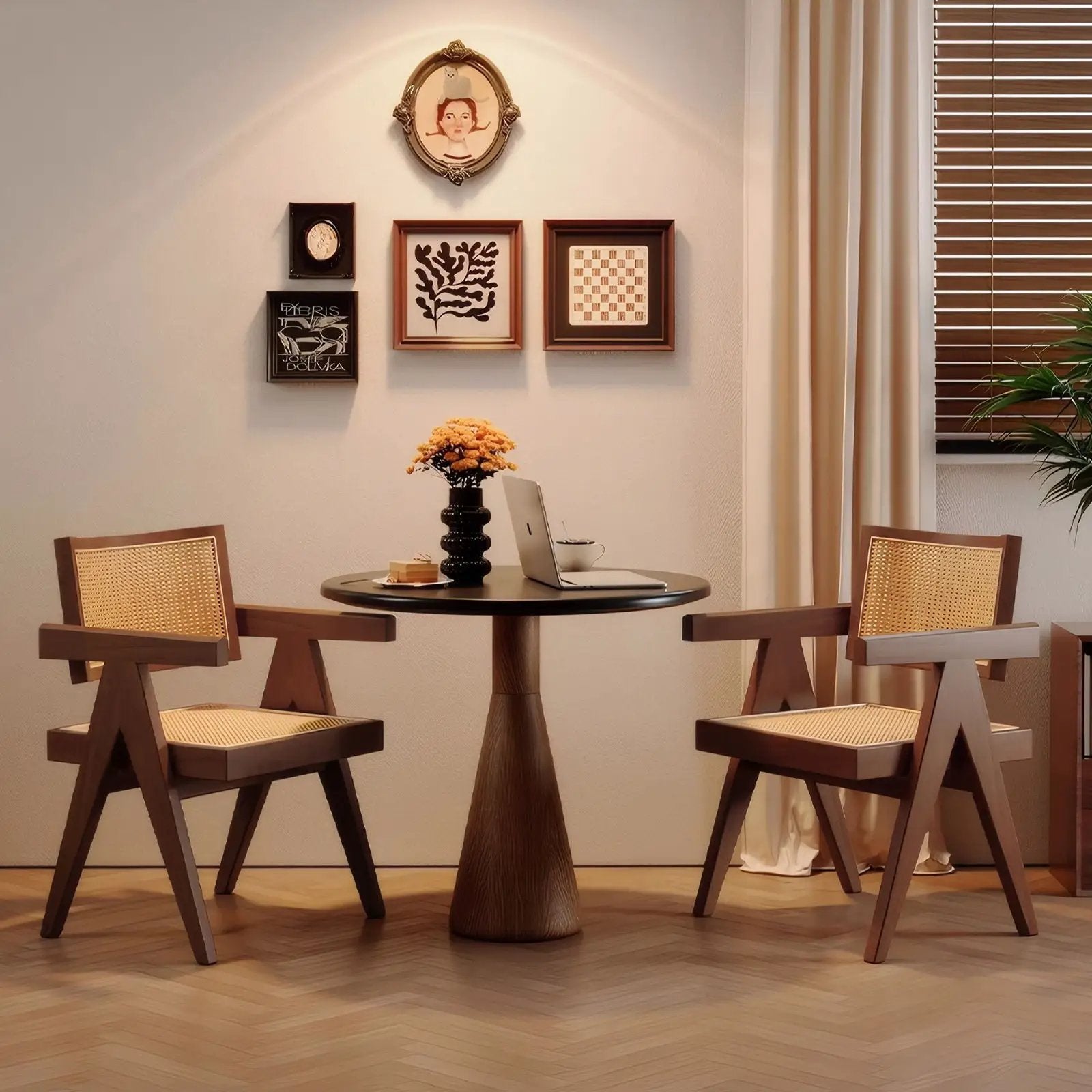 Modern Mid Century Dining Chairs (Set of 2), Rattan Accent Chairs, Comfy Armchairs, Outdoor Wood Chairs With Armrest - Walnut by Unique Piece Furniture