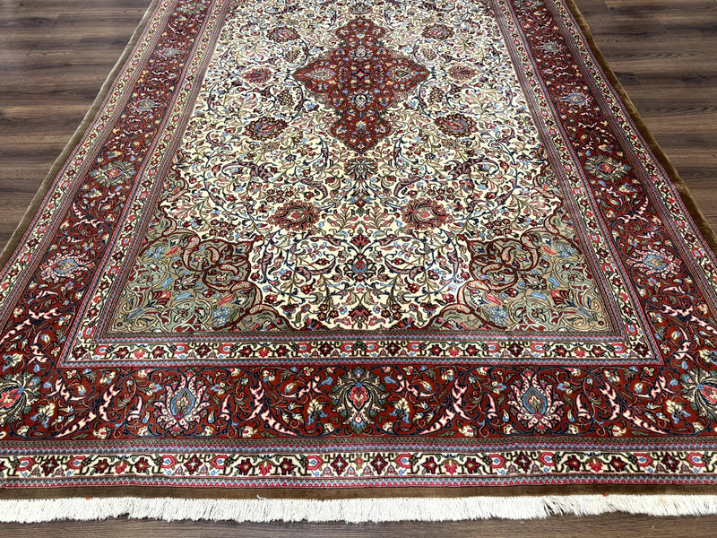 Persian Qum Rug 7x11, Beige and Red, Highly Detailed Floral Pattern, Fine 260 KPSI by Jewel Rugs