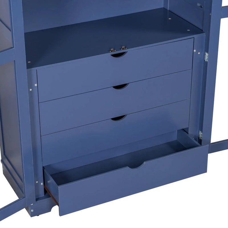 Kitchen Pantry, Freestanding Kitchen Storage Cabinet Display Cabinet With Glass Doors And 4 Built In Drawers For Living Room, Home Office - Blue by HouseOfZazla